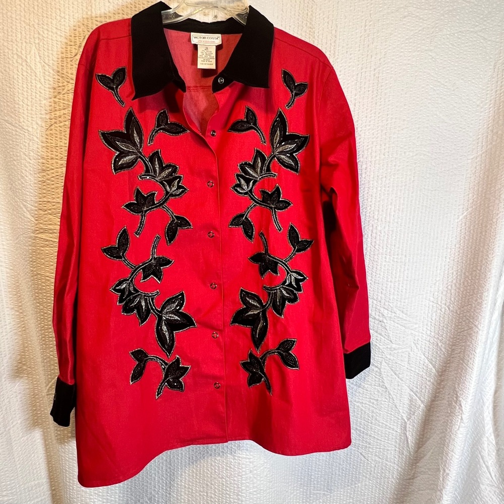 Victor Costa‎ Occasion Embellished Button Down Top - Red & Black - 1X